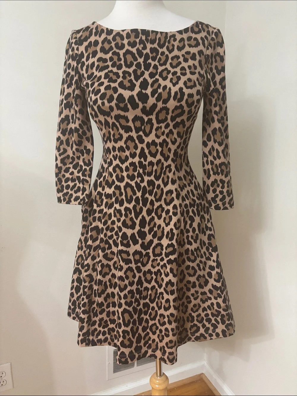 kate spade Leopard Print 3/4 Sleeve Fit-and-Flare Dress - Beige and Black